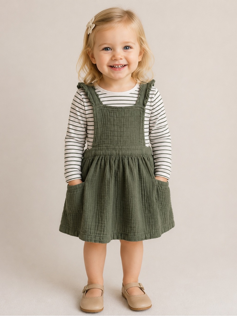 Cat & Jack Olive Green Gauze Pinafore Dress with Striped Top